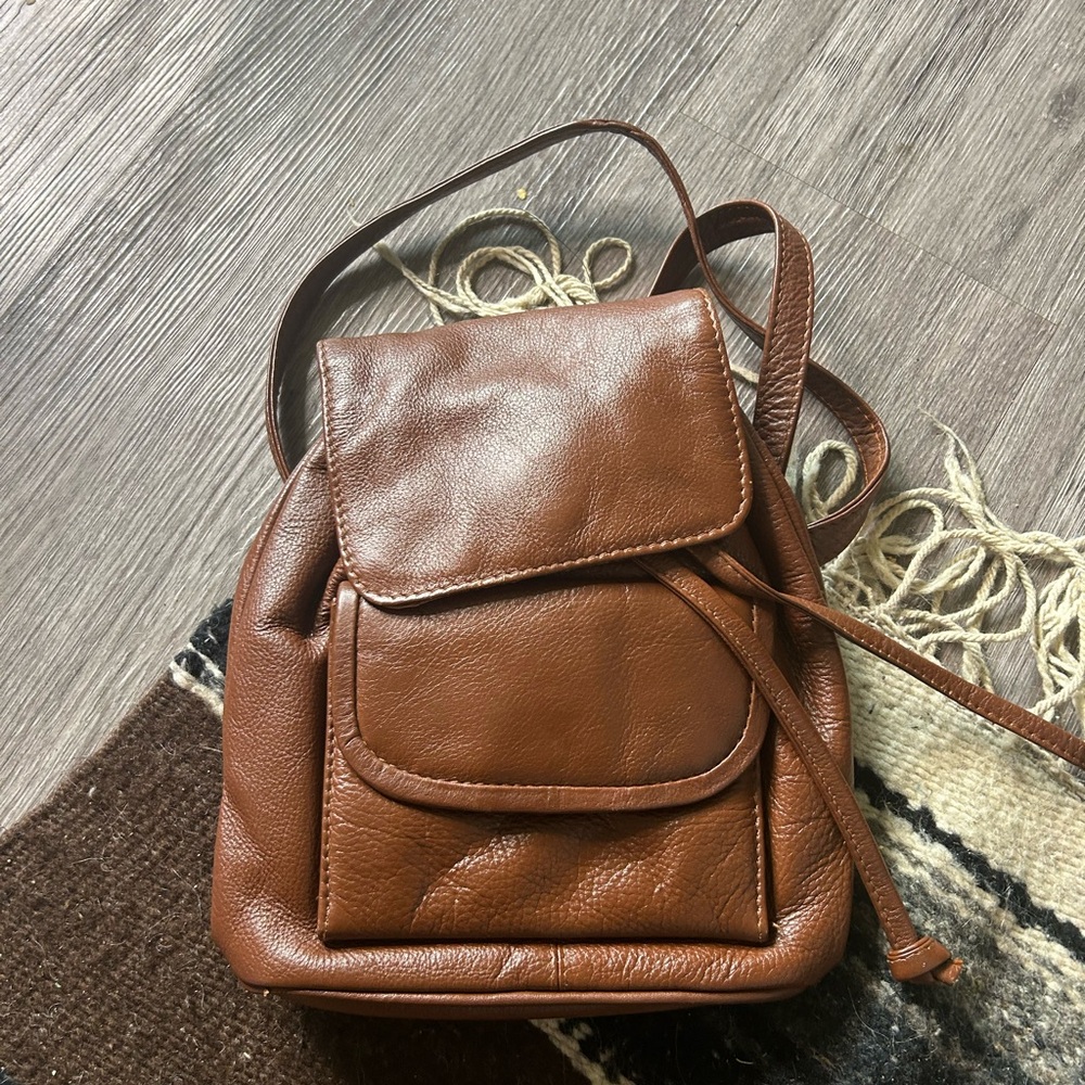 Compact Brown Leather Mini Backpack with Front Po… - image 1